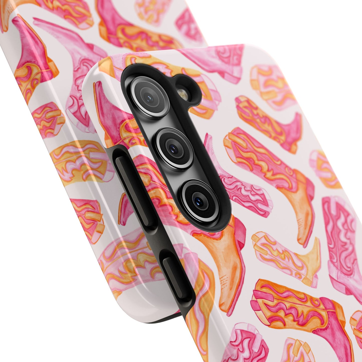 Tossed Hot Pink & Orange Watercolor Cowboy Boots Tough Light Pink Phone Case | Various Models Available