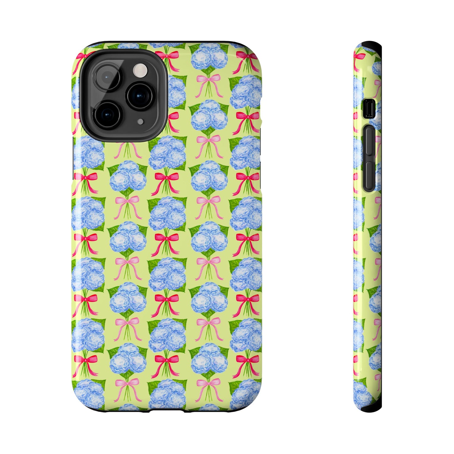 Watercolor Blue Hydrangea Bouquets with Hot Pink and Light Pink Bow Ribbons Illustrated Pattern Yellow Tough Phone Case | Various Models