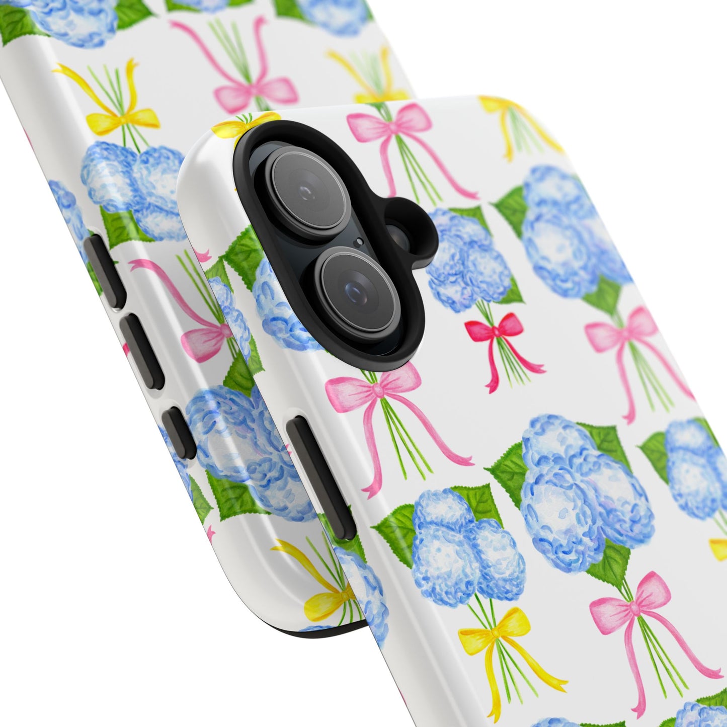 Blue Hydrangeas with Hot Pink, Yellow, Light Pink Bows Watercolor Illustrated Patterned Tough Phone Case | Various Models