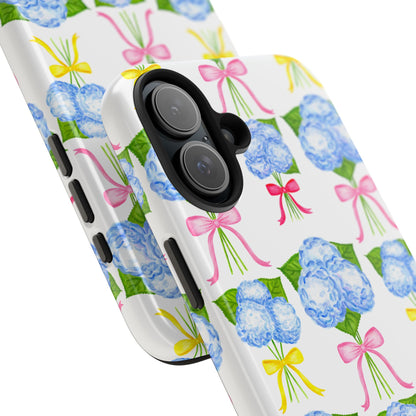 Blue Hydrangeas with Hot Pink, Yellow, Light Pink Bows Watercolor Illustrated Patterned Tough Phone Case | Various Models