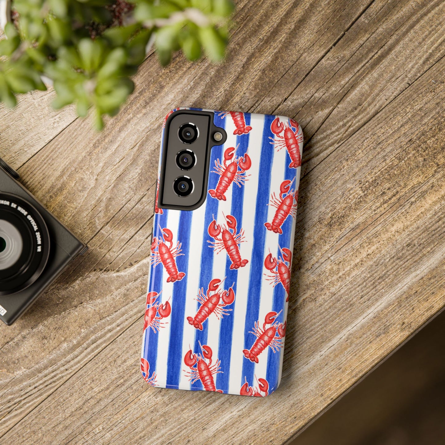 Blue & White Strip Red Lobster Watercolor Patterned Phone Case | Various Models