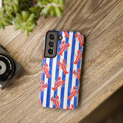 Blue & White Strip Red Lobster Watercolor Patterned Phone Case | Various Models