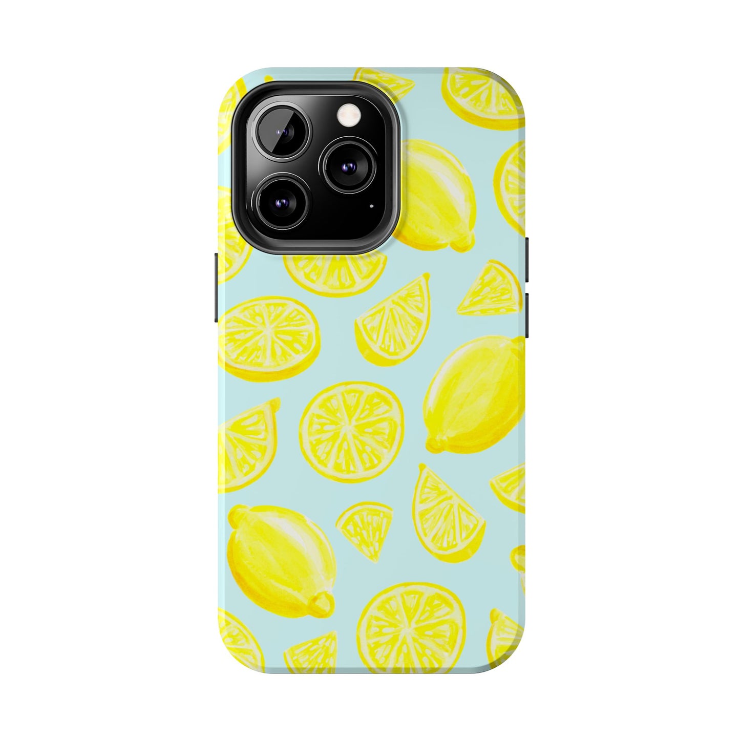 Bright Yellow Lemons Watercolor Illustrated Tossed Pattern Light Blue Tough Phone Case | Various Models