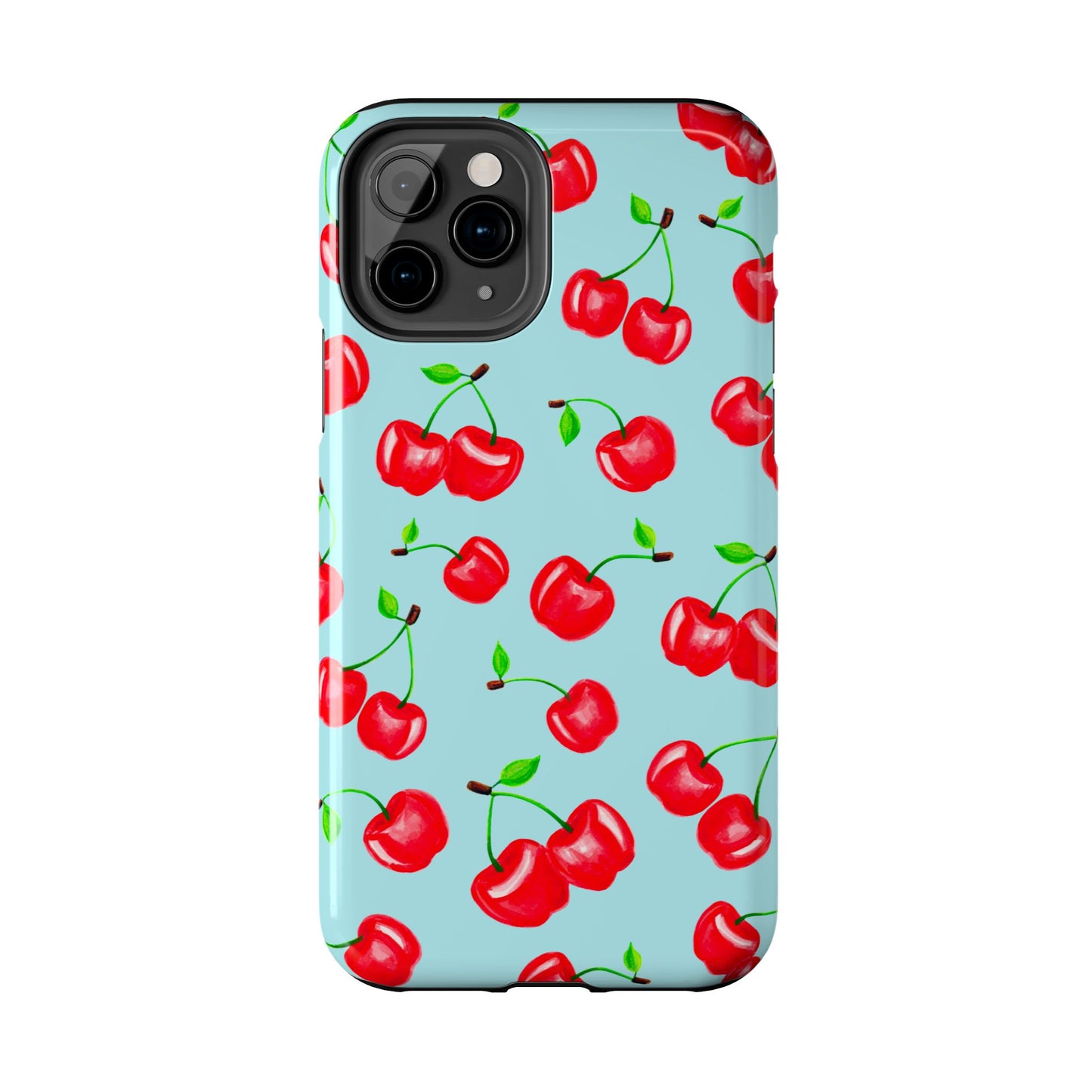 Tossed Red Watercolor Cherries Illustrated Pattern Bright Blue Tough Phone Case | Various Models