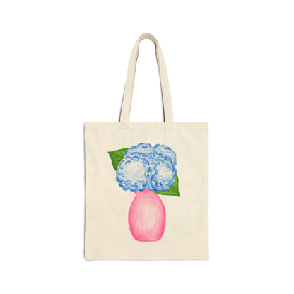 Canvas Book Tote | Blue Hydrangeas in a Light Pink Vase Watercolor Printed Farmers Market Tote | Cocktail Bachelorette Gift Hostess