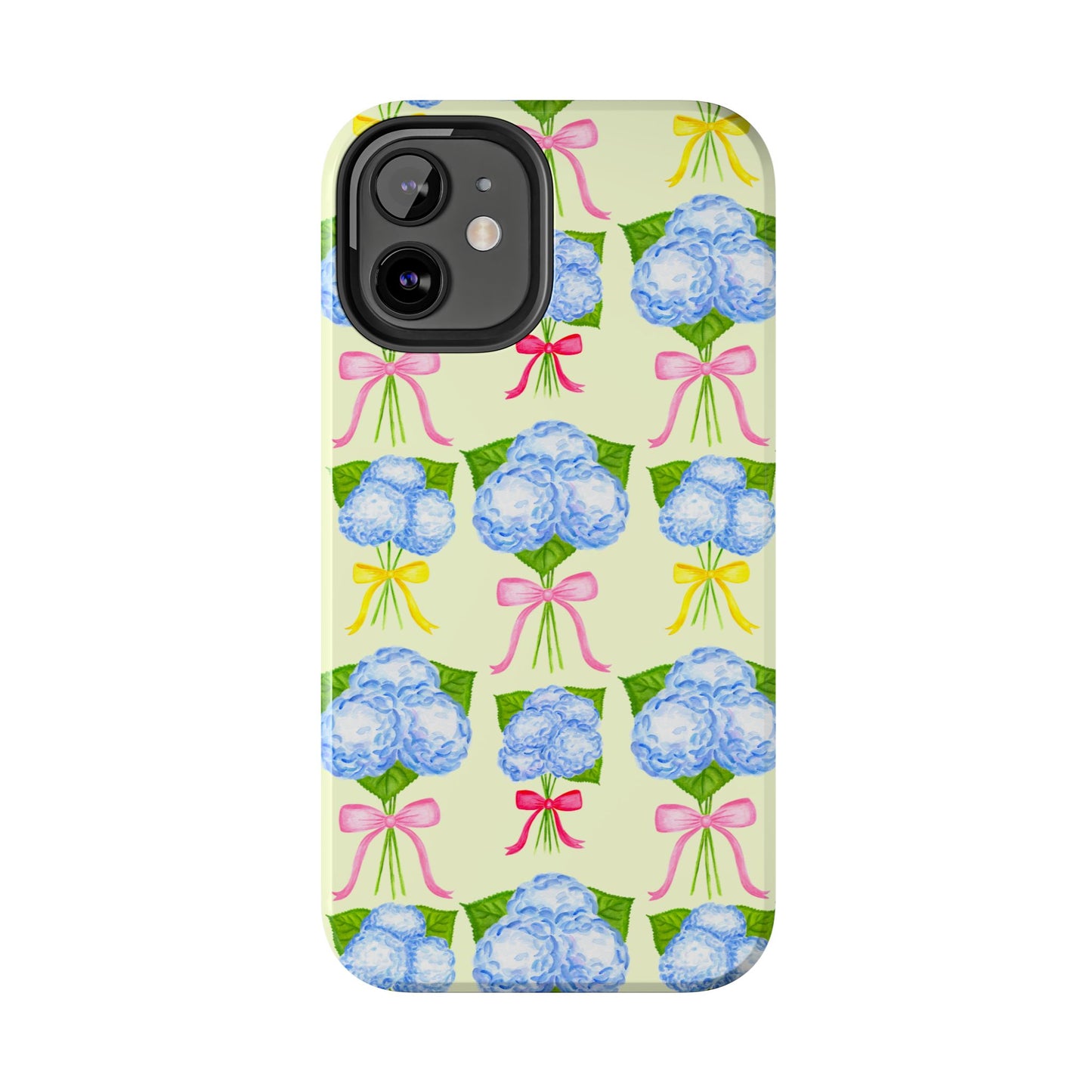 Blue Hydrangeas with Hot Pink, Yellow, Light Pink Bows Watercolor Illustrated Patterned Light Yellow Tough Phone Case | Various Models