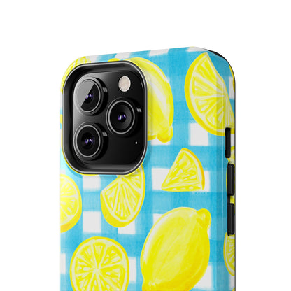 Yellow Lemons & Turquoise Gingham Watercolor Illustrated Tough Phone Case | Various Models Available