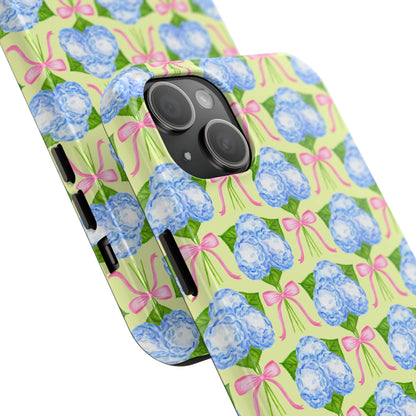Blue Watercolor Hydrangea Bouquets with Light Pink Bows Watercolor Illustrated Patterned Yellow Tough Phone Case | Various Models