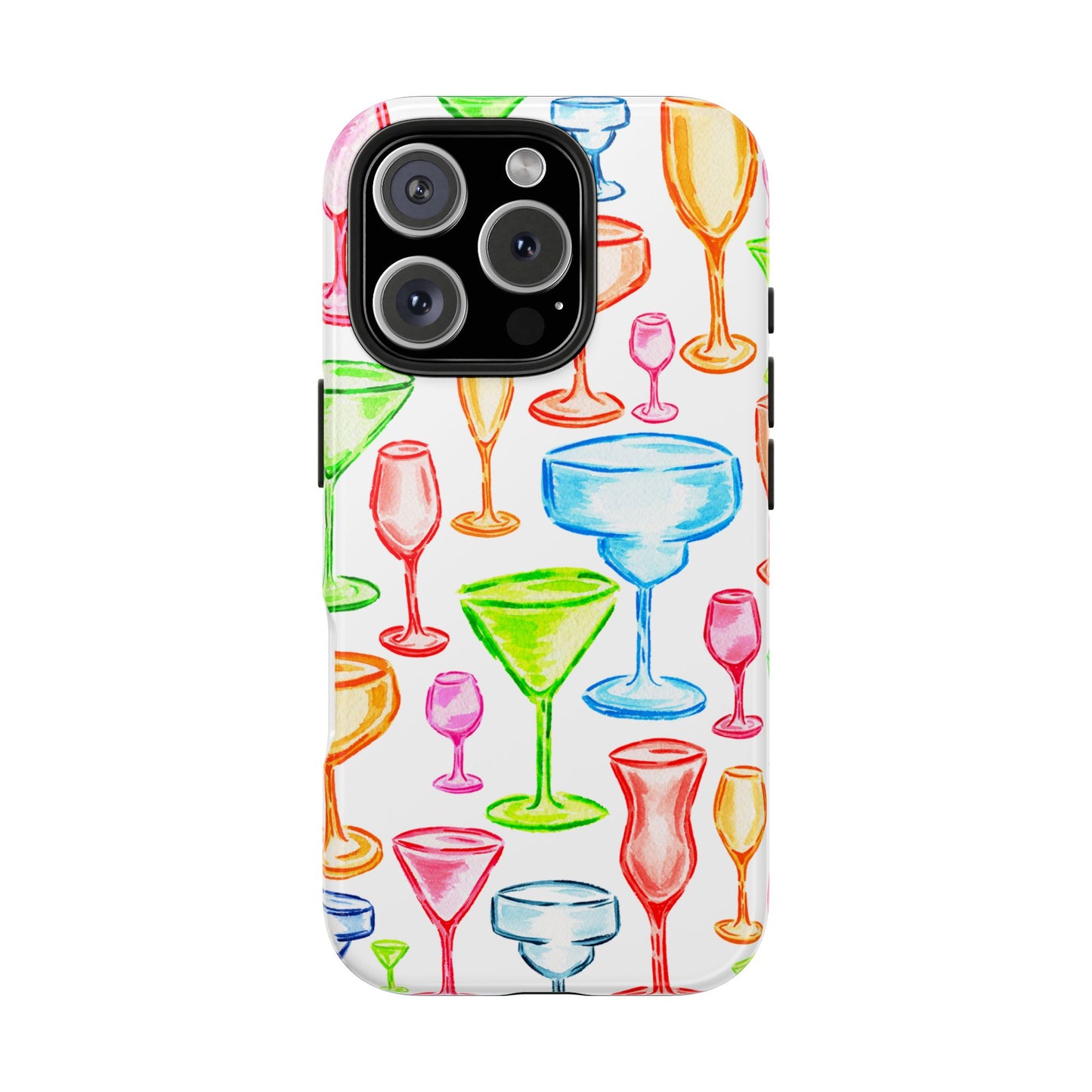 Monochromatic Margarita, Wine, Martini, and Champagne Flute Cocktail Glasses Watercolor Illustrated Tough Phone Case | Various Models Available
