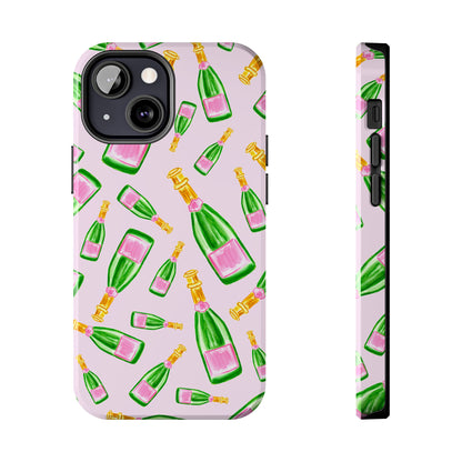 Tossed Pink and Green Watercolor Illustrated Champagne Bottles Pattern Blush Pink Tough Phone Case | Various Models