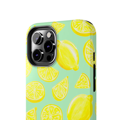 Bright Yellow Lemons Watercolor Illustrated Tossed Pattern Mint Green Tough Phone Case | Various Models