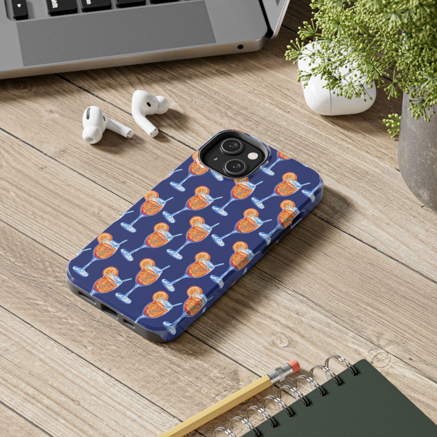 Orange & Blue Aperol Spritz Watercolor Pattern Navy Tough Case | Various Models