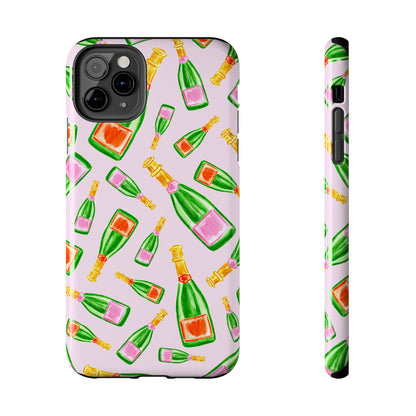 Tossed Pink and Green & Orange and Green Watercolor Illustrated Champagne Bottles Pattern Blush Pink Tough Phone Case | Various Models
