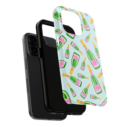 Tossed Pink and Green Watercolor Illustrated Champagne Bottles Pattern Light Blue Tough Phone Case | Various Models