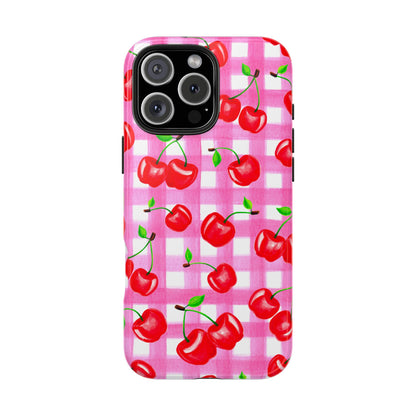 Tossed Red Watercolor Cherries Illustrated Pattern Light Pink Gingham Tough Phone Case | Various Models