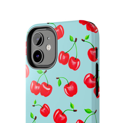 Tossed Red Watercolor Cherries Illustrated Pattern Bright Blue Tough Phone Case | Various Models