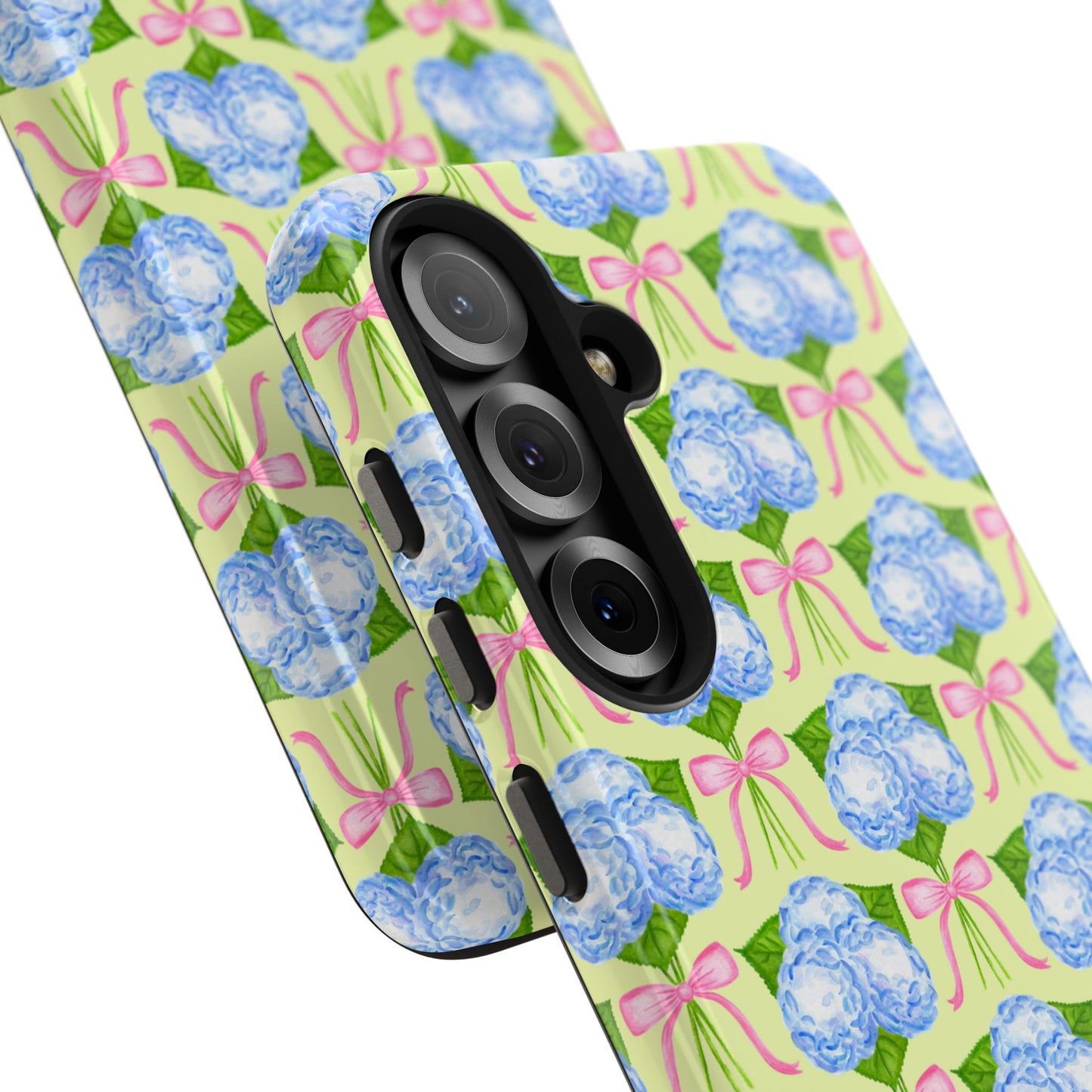 Blue Watercolor Hydrangea Bouquets with Light Pink Bows Watercolor Illustrated Patterned Yellow Tough Phone Case | Various Models
