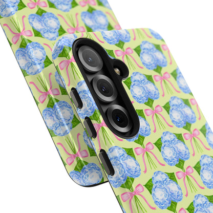 Blue Watercolor Hydrangea Bouquets with Light Pink Bows Watercolor Illustrated Patterned Yellow Tough Phone Case | Various Models
