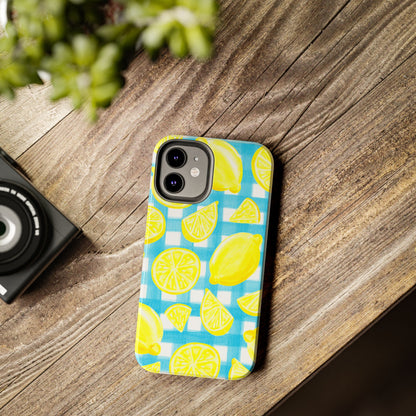 Yellow Lemons & Turquoise Gingham Watercolor Illustrated Tough Phone Case | Various Models Available