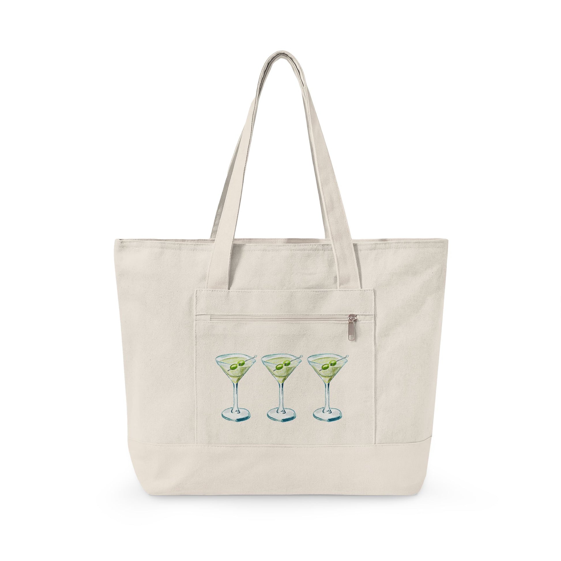 Blue & Green Martini Watercolor Trio Printed Zippered Canvas Tote 18" x 14" | Various Colors 18" x 14" x 4.5" Natural