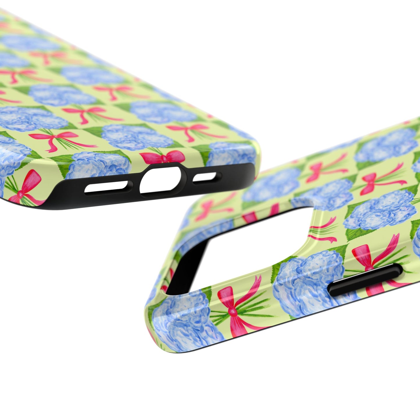 Blue Watercolor Hydrangea Bouquets with Hot Pink Bows Illustrated Patterned Yellow Preppy Grand Millenial Tough Phone Case | Various Models