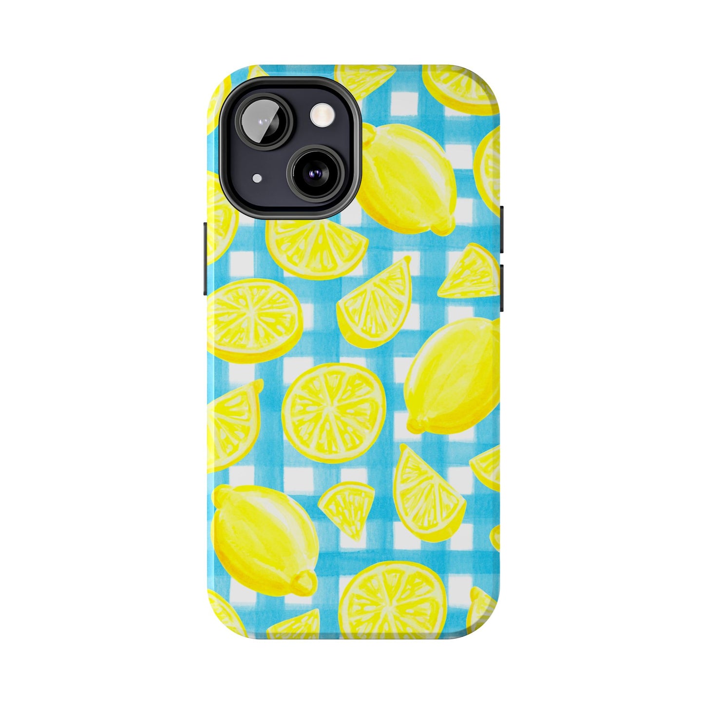 Bright Yellow Lemons Watercolor Illustrated Tossed Pattern Turquoise Gingham Tough Phone Case | Various Models