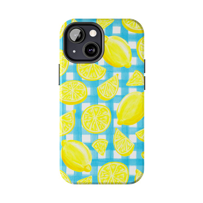 Bright Yellow Lemons Watercolor Illustrated Tossed Pattern Turquoise Gingham Tough Phone Case | Various Models