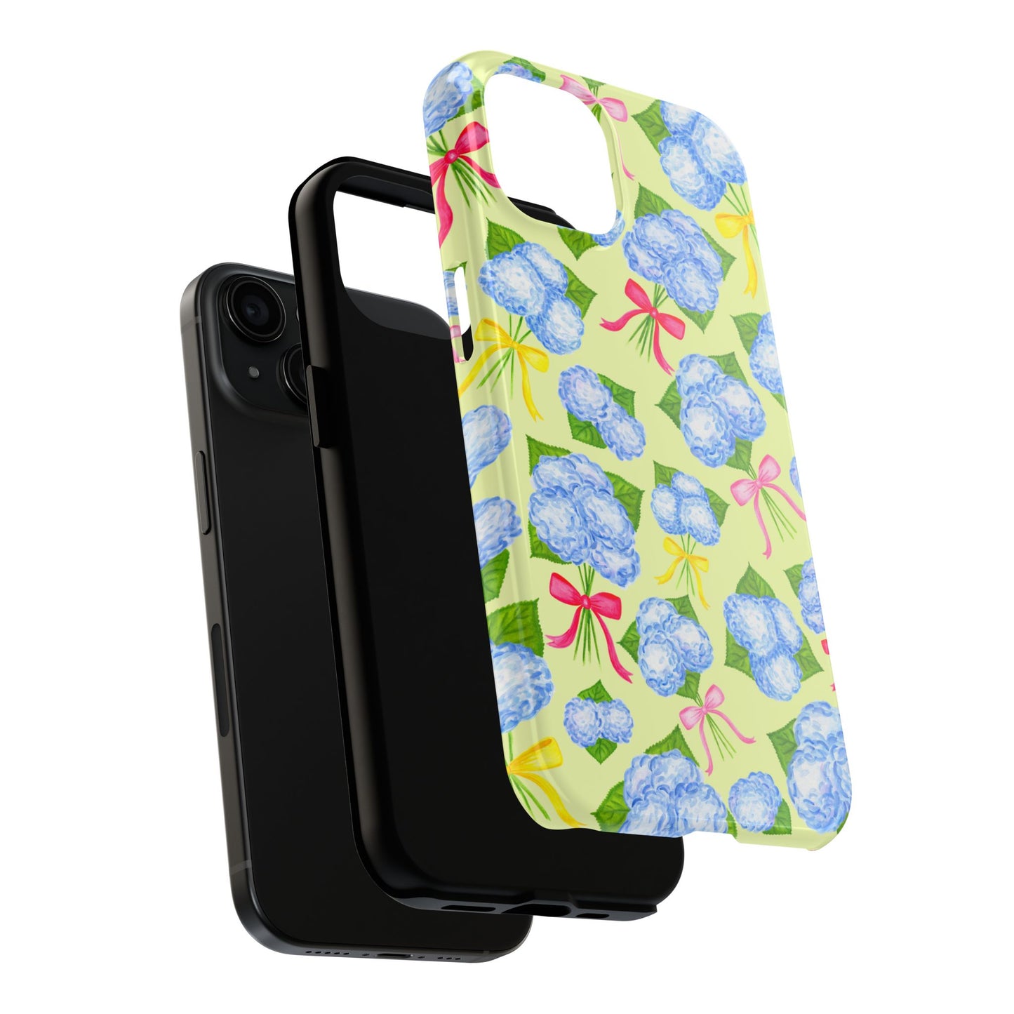 Blue Watercolor Hydrangea Bunches with Hot Pink, Yellow, Light Pink Bows Illustrated Patterned Yellow Tough Phone Case | Various Models