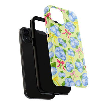 Blue Watercolor Hydrangea Bunches with Hot Pink, Yellow, Light Pink Bows Illustrated Patterned Yellow Tough Phone Case | Various Models