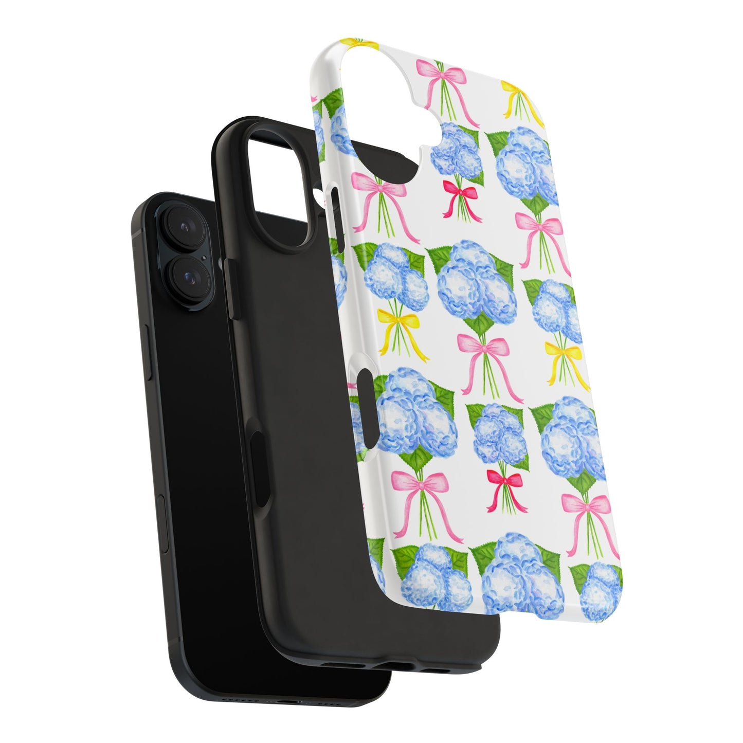 Blue Hydrangeas with Hot Pink, Yellow, Light Pink Bows Watercolor Illustrated Patterned Tough Phone Case | Various Models