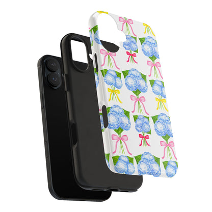 Blue Hydrangeas with Hot Pink, Yellow, Light Pink Bows Watercolor Illustrated Patterned Tough Phone Case | Various Models