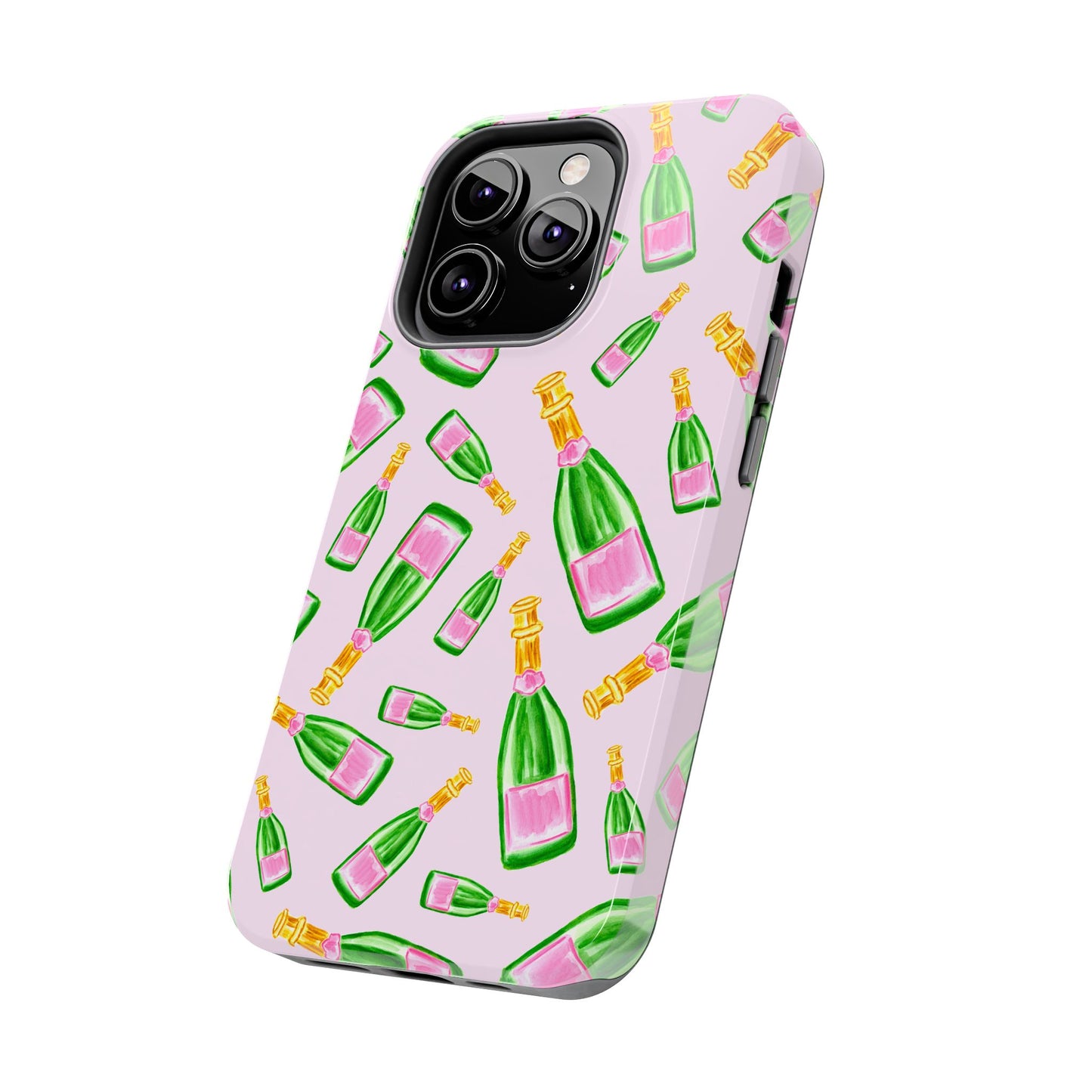 Tossed Pink and Green Watercolor Illustrated Champagne Bottles Pattern Blush Pink Tough Phone Case | Various Models