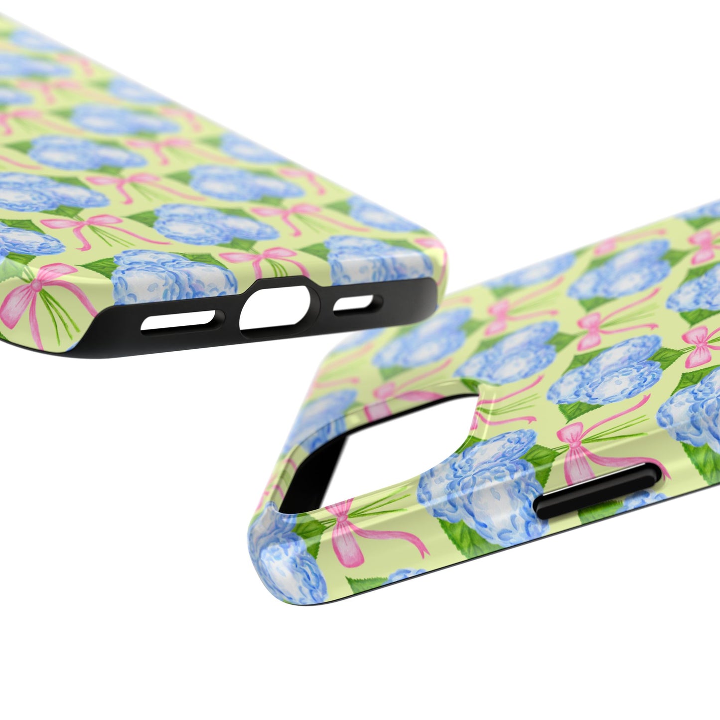 Blue Watercolor Hydrangea Bouquets with Light Pink Bows Watercolor Illustrated Patterned Yellow Tough Phone Case | Various Models