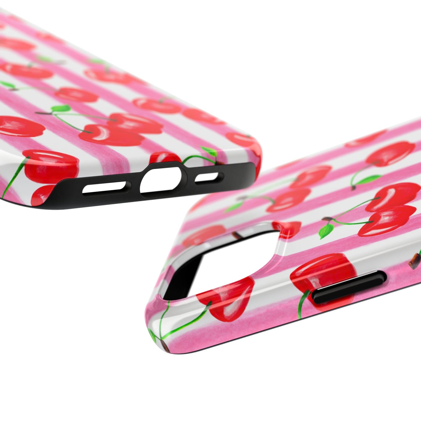 Tossed Red Watercolor Cherries Illustrated Pattern Light Pink Stripes Tough Phone Case | Various Models