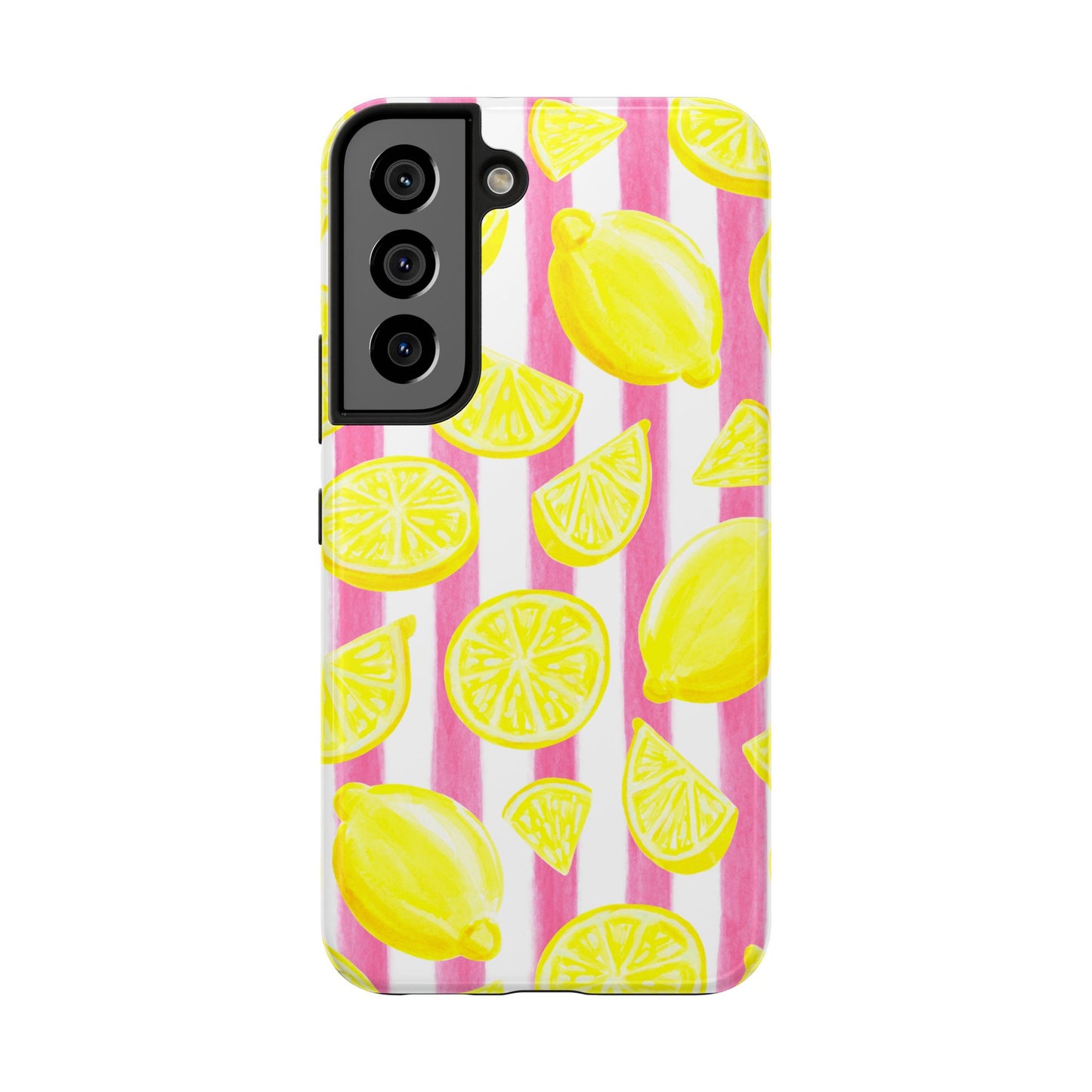 Pink Lemonade Yellow Lemons with Pink & White Watercolor Stripes Tough Phone Case