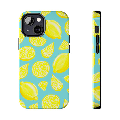 Bright Yellow Lemons Watercolor Illustrated Tossed Pattern Turquoise Blue Tough Phone Case | Various Models