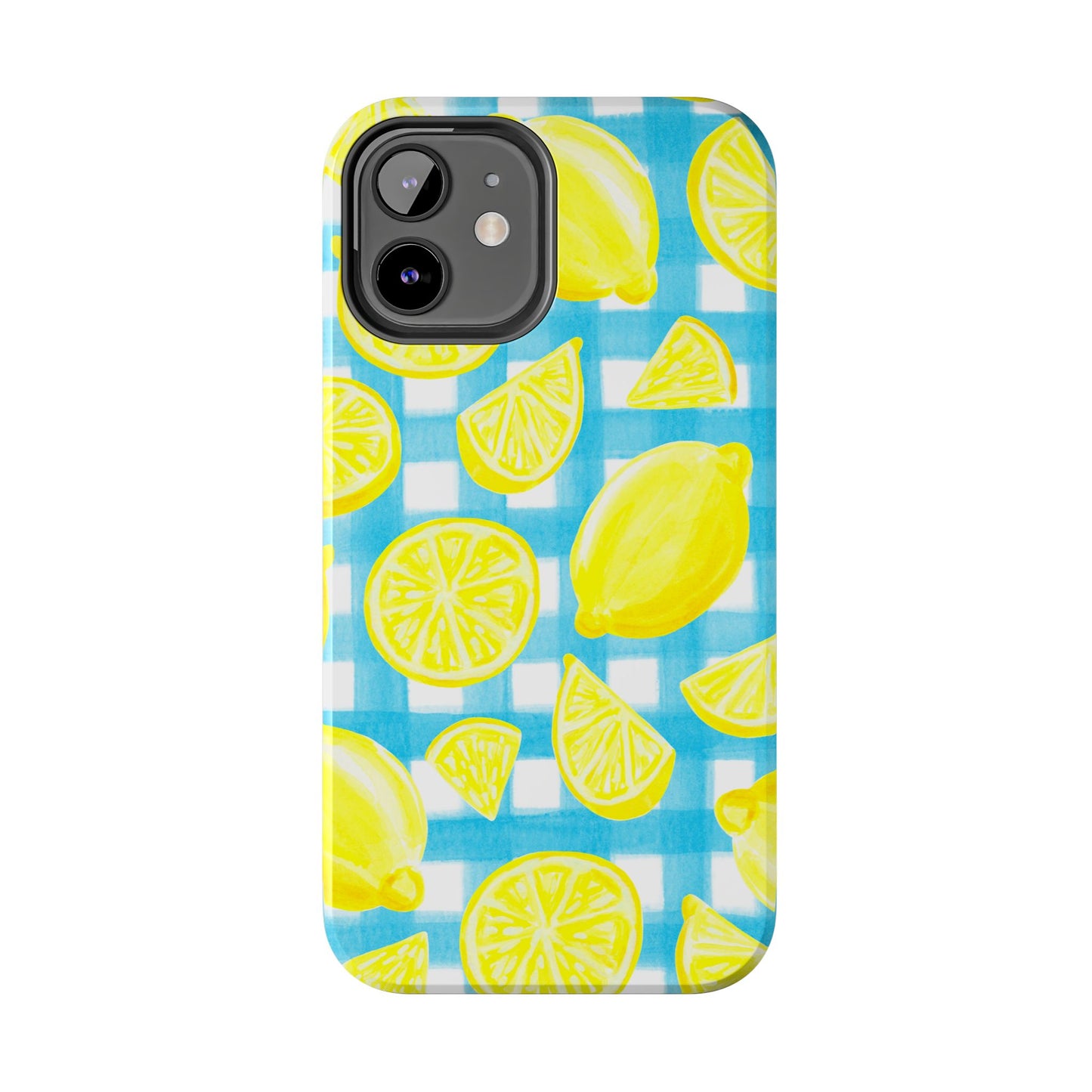 Yellow Lemons & Turquoise Gingham Watercolor Illustrated Tough Phone Case | Various Models Available