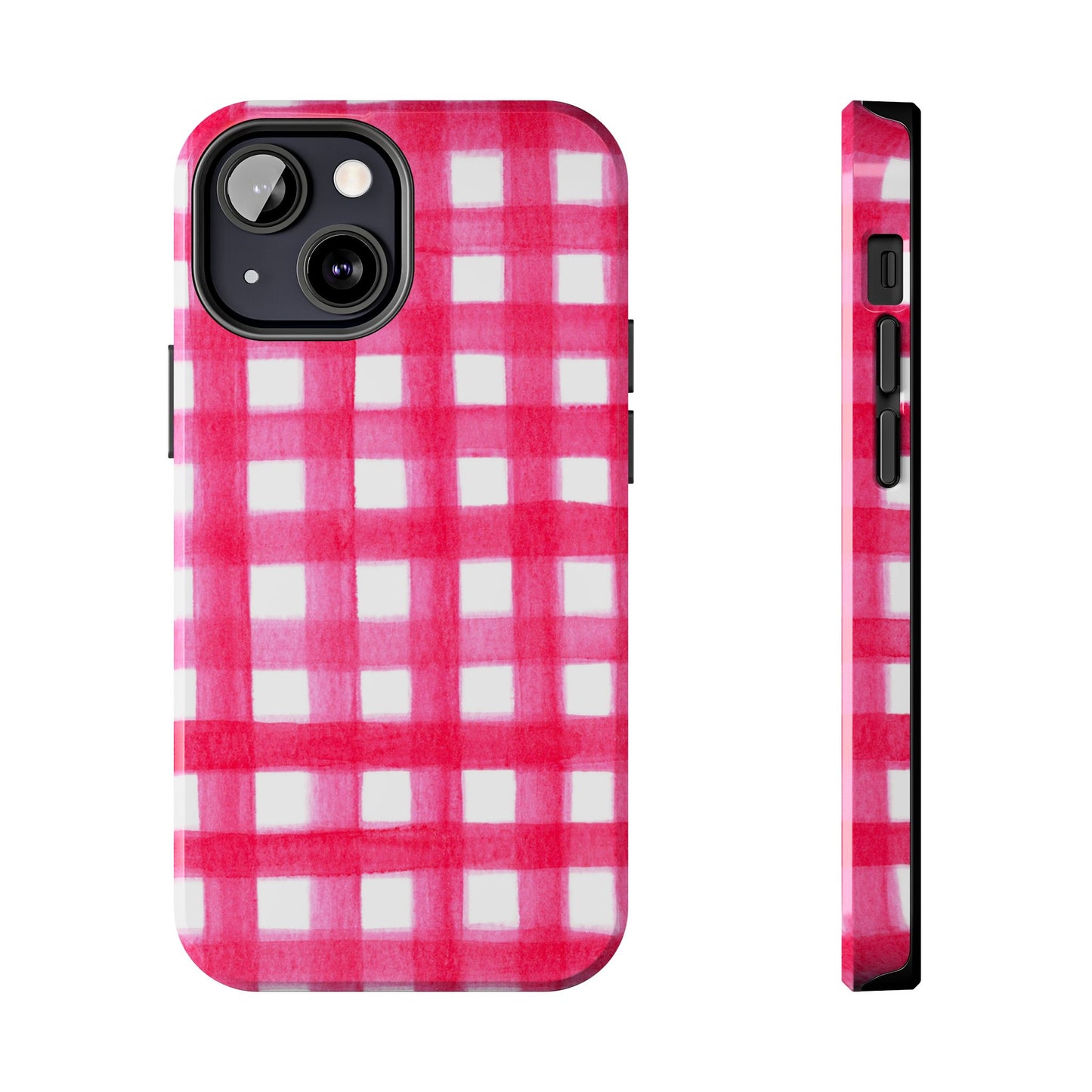 Hot Pink Gingham Watercolor Preppy Tough Phone Case | Various models iPhone 13 Mini