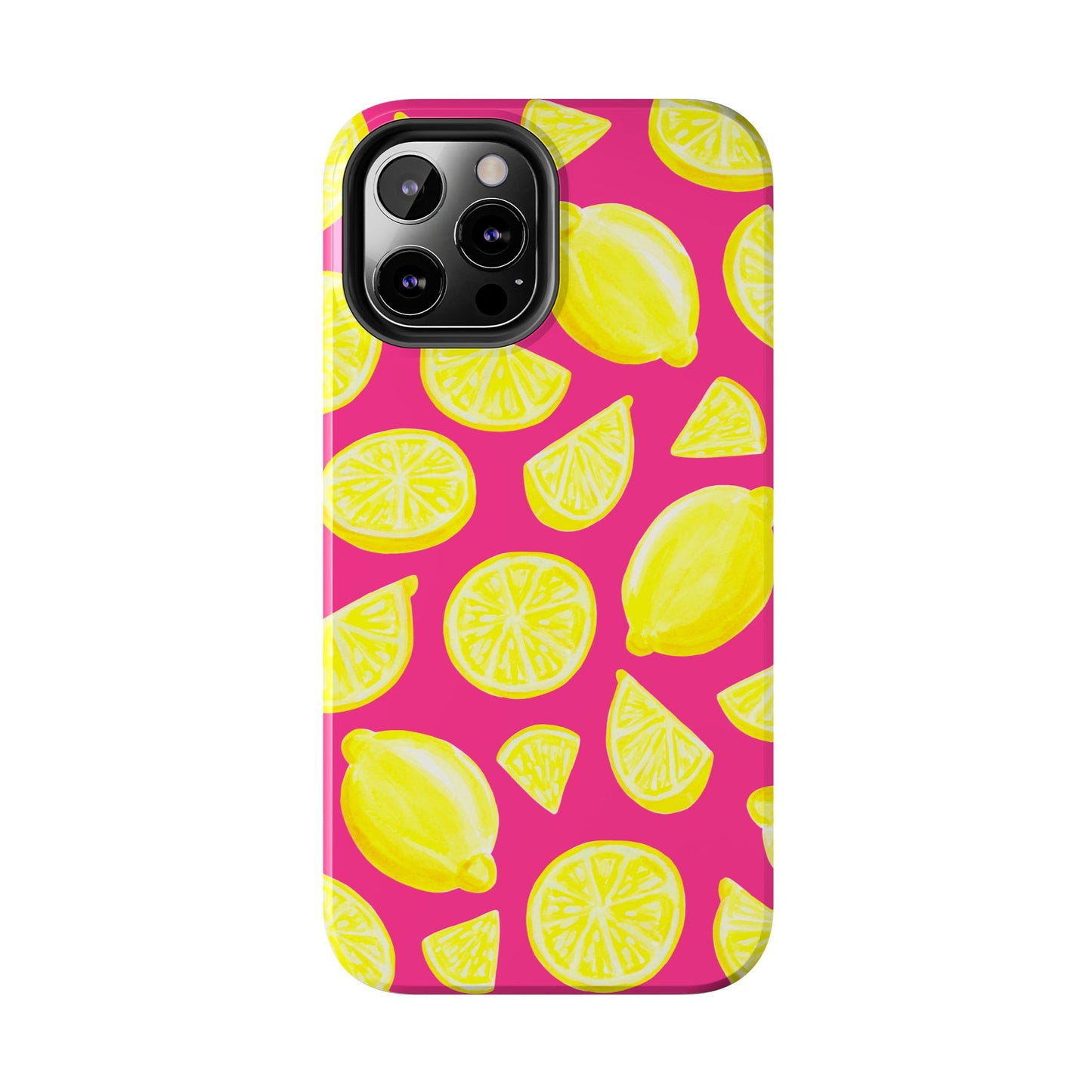 Bright Yellow Lemons Watercolor Illustrated Tossed Pattern Watermelon Pink Tough Phone Case | Various Models