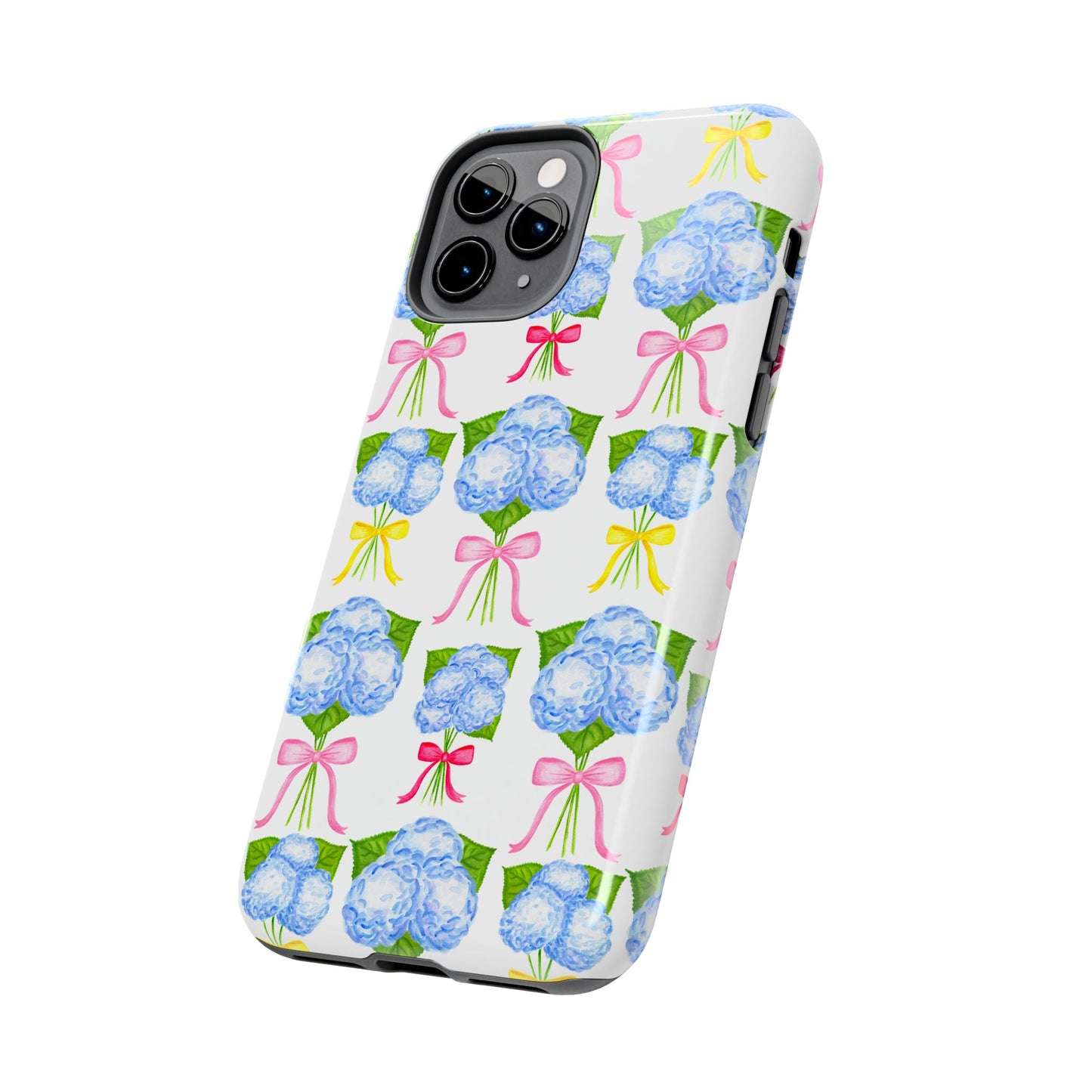 Blue Hydrangeas with Hot Pink, Yellow, Light Pink Bows Watercolor Illustrated Patterned Tough Phone Case | Various Models