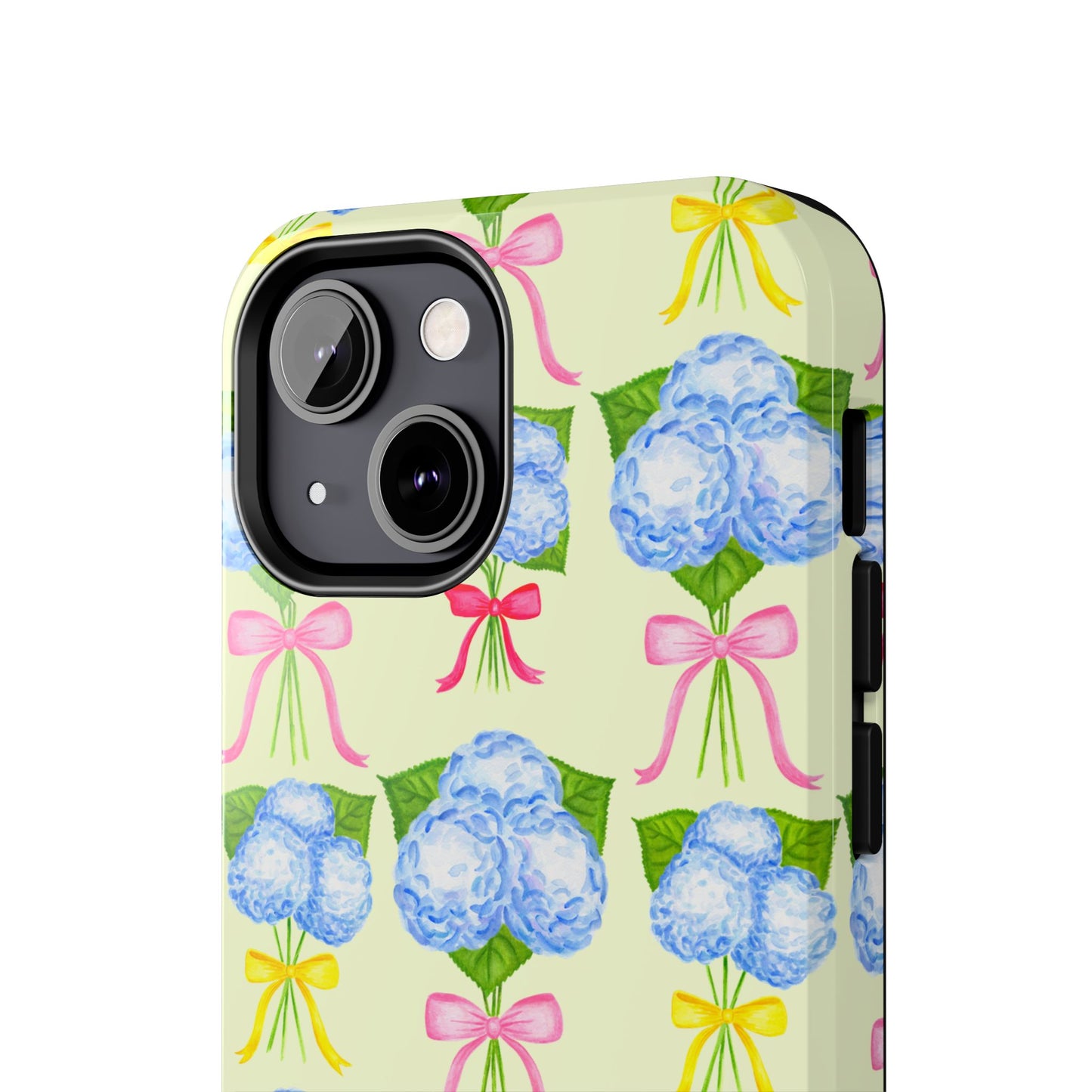 Blue Hydrangeas with Hot Pink, Yellow, Light Pink Bows Watercolor Illustrated Patterned Light Yellow Tough Phone Case | Various Models