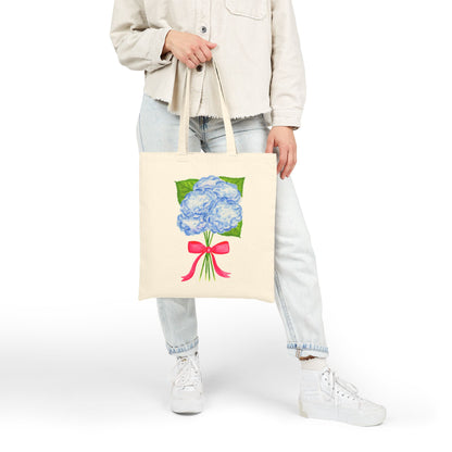 Canvas Book Tote | Blue Watercolor Hydrangeas with Hot Pink Bow Printed Farmers Market Tote | Coastal Preppy Gifts
