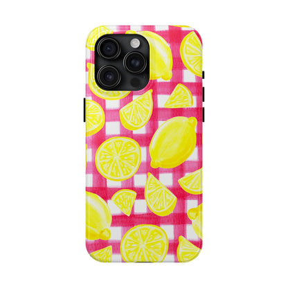 Yellow Lemons & Hot Pink Gingham Watercolor Illustrated Tough Phone Case | Various Models Available