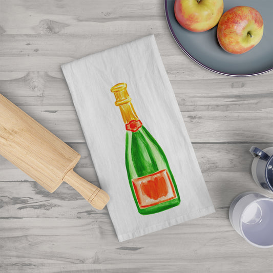 Tea Towel | Green & Orange Champagne Watercolor Illustration |  Fun Colorful Kitchen Decor Housewarming Hostess Gift | Bar Cart Accessories