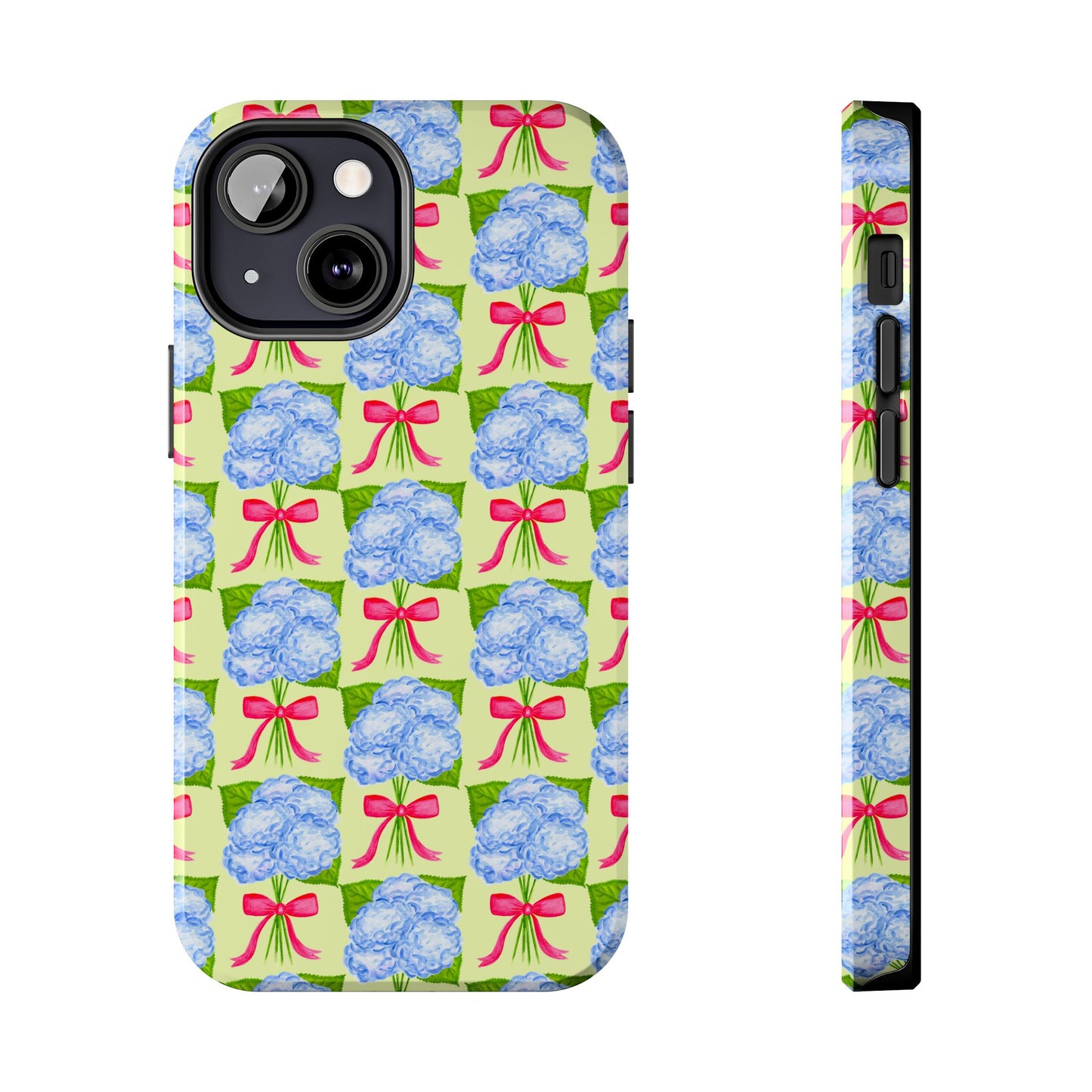 Blue Watercolor Hydrangea Bouquets with Hot Pink Bows Illustrated Patterned Yellow Preppy Grand Millenial Tough Phone Case | Various Models