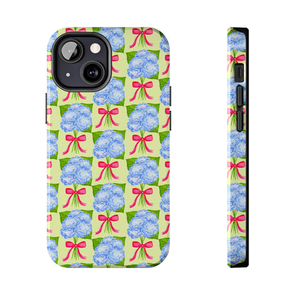Blue Watercolor Hydrangea Bouquets with Hot Pink Bows Illustrated Patterned Yellow Preppy Grand Millenial Tough Phone Case | Various Models