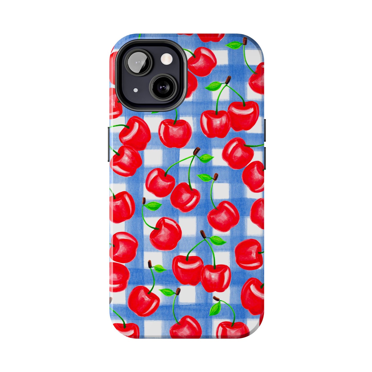 Tossed Red Cherries Blue Gingham Checkered Watercolor Illustrated Tough Phone Case | Various Models