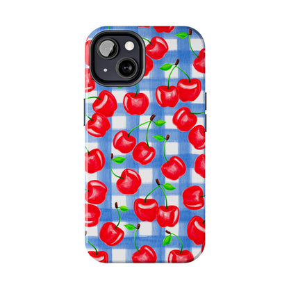 Tossed Red Cherries Blue Gingham Checkered Watercolor Illustrated Tough Phone Case | Various Models