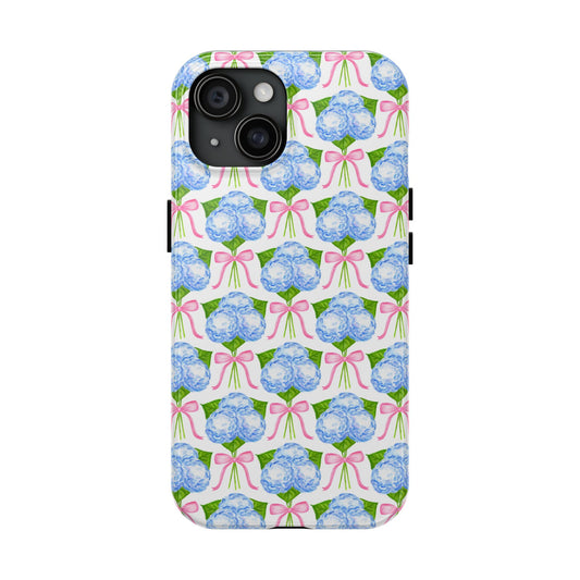 Blue Watercolor Hydrangea Bouqets with Light Pink Bows Watercolor Illustrated Patterned Tough Phone Case | Various Models iPhone 15