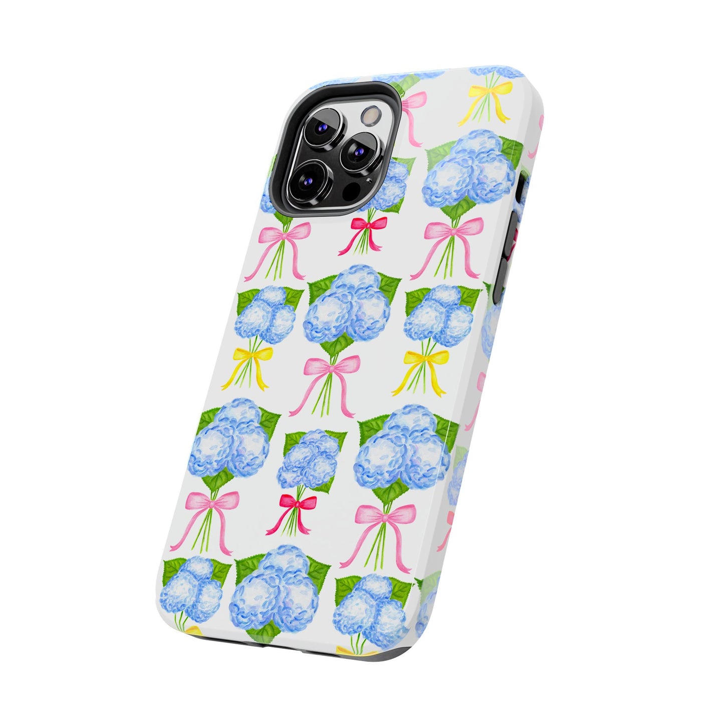 Blue Hydrangeas with Hot Pink, Yellow, Light Pink Bows Watercolor Illustrated Patterned Tough Phone Case | Various Models